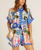 Positioned Print Open Cardigan Shirt And Short Pants Set