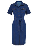 Deep Blue Denim Cowl Neck Short Sleeve Fitted Dress