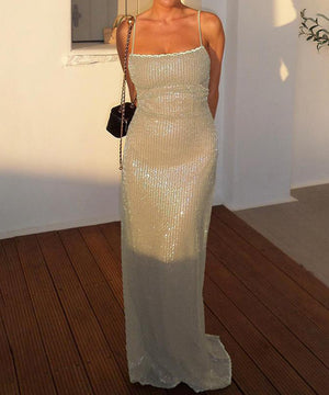 Sequin Halter Evening Gown In Light Apricot Polyester