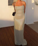 Sequin Halter Evening Gown In Light Apricot Polyester