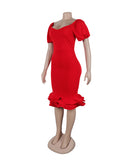 Stretch Wrap Hip Waist Lantern Sleeve Wavy Hem Dress for Flattering Fit