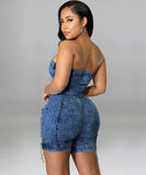 Sexy Off The Shoulder Denim Jumpsuit With Copper Chains