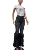 Fashionable Denim Jeans with Beaded and Fur Detailing