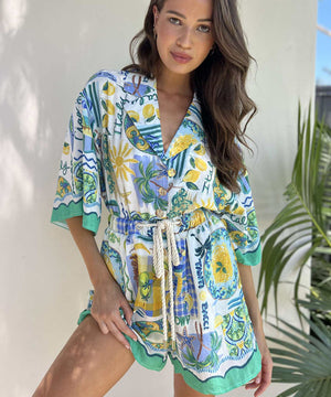 Fashionable Tie-Dye Lace One-Piece Pants in Blue Green