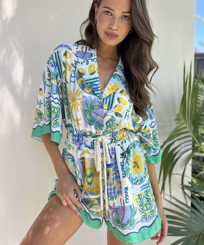 Fashionable Tie-Dye Lace One-Piece Pants in Blue Green