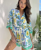 Fashionable Tie-Dye Lace One-Piece Pants in Blue Green