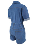 Denim Short Jumpsuit with Cinched Waist and Cowl Neck Detail