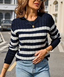 Classic Color Block Cable Knit Turtleneck Sweater Relaxed