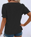 Chic V-Neck Puffed Sleeve Jacquard Casual Loose T-Shirt