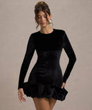 Velvet Round Neck 3D Pleated Dress With Long Sleeves Black