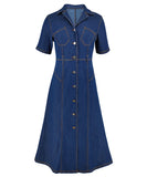 Denim Waist-Hugging Dress with Short Sleeves in Deep Blue