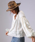 Loose Floral Embroidered Long Sleeve Shirt Viscose Blend
