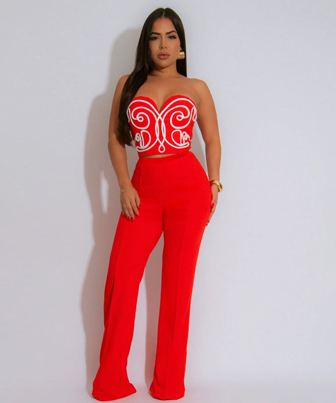 Chic Strapless Two-Piece Outfit with Solid Long Pants