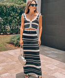 Bohemian Color-Blocked Knitted Vest Top and Skirt Set for Women