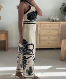 Sexy Form-Fitting Long Dress with Neck Tie Design in Green Black