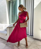 Fashion Sexy Oblique Shoulder Pleated Hollow Gown in Chic Colors
