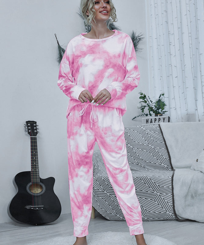 Large Size Tie-Dye Long Sleeve Home Wear Set in Pink