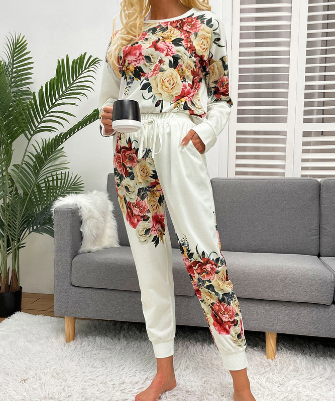 Large Size Floral Print Long Sleeve Home Wear Set for Comfort