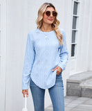 Casual Round Neck Long Sleeve Tee With Curved Hem Open Front