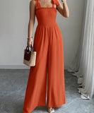Women's Wide Leg Jumpsuit With High Waist And Shoulder Straps