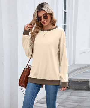 Color Block Ribbed Sweatshirt Round Neck Loose Long Sleeves