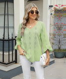 Chic V-neck Diamond Check Hollow-out Jacquard Horn Sleeve Loose T-shirt