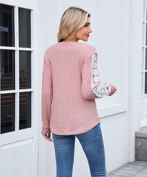 V Neck Loose Long Sleeve Lace Contrast Color T Shirt