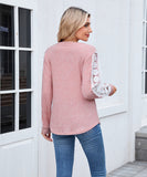 V Neck Loose Long Sleeve Lace Contrast Color T Shirt