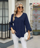 Chic V-neck Diamond Check Hollow-out Jacquard Horn Sleeve Loose T-shirt