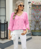 Chic V-neck Diamond Check Hollow-out Jacquard Horn Sleeve Loose T-shirt