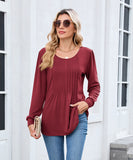 Solid Color Round Neck Striped Loose Long Sleeve T Shirt