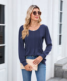 Solid Color Round Neck Striped Loose Long Sleeve T Shirt