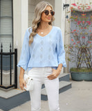 Chic V-neck Diamond Check Hollow-out Jacquard Horn Sleeve Loose T-shirt