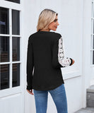 V Neck Loose Long Sleeve Lace Contrast Color T Shirt