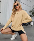 Solid Color Wavy Round Neck Long Sleeve Loose Fitting Shirt