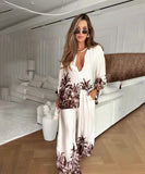 Classic Floral Blouse And Wide Leg Pants Two Piece Set