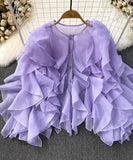 Ruffled Long Sleeve Round Neck Blouse Women Polyester