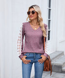 V Neck Loose Long Sleeve Lace Contrast Color T Shirt