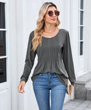 Solid Color Round Neck Striped Loose Long Sleeve T Shirt