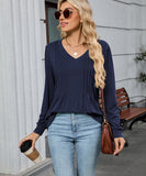 V Neck Striped Loose Long Sleeve T Shirt Nylon Elastane