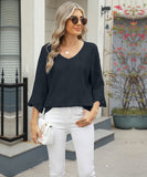 Chic V-neck Diamond Check Hollow-out Jacquard Horn Sleeve Loose T-shirt
