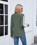 V Neck Loose Long Sleeve Lace Contrast Color T Shirt