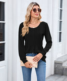 Solid Color Round Neck Striped Loose Long Sleeve T Shirt