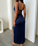 Elegant Flowy Lace Long Dress in Black Navy Wine Green