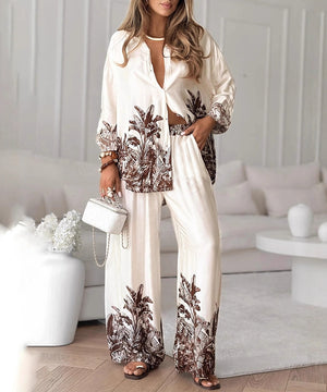 Classic Floral Blouse And Wide Leg Pants Two Piece Set