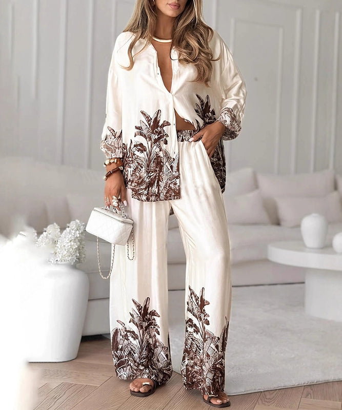 Classic Floral Blouse And Wide Leg Pants Two Piece Set
