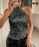 Elegant Black Or Silver Backless Sleeveless Top For Evening
