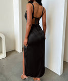 Elegant Flowy Lace Long Dress in Black Navy Wine Green