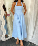 Solid Color High-Waisted Sleeveless Halter Dress for Elegance