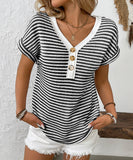 Seamed Knit V Neck Button Up Short Sleeve Top Elastane